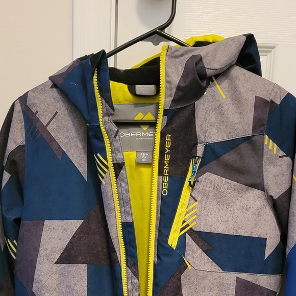 Obermeyer Kids Abstract Navy and Yellow Puffer Jacket - Picture 1 of 6